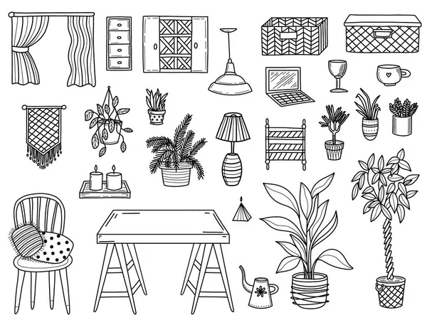 Linear design of various home decor items — Stock Vector