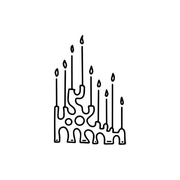 Vela ardiente en candelabro. Ilustración vectorial dibujada a mano en estilo garabato — Vector de stock