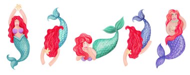 Bir dizi renkli çizgi film denizkızı. suluboya resimleme