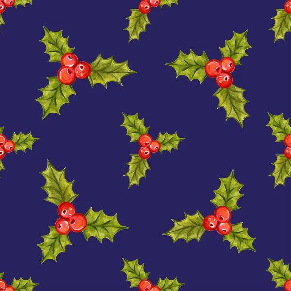 Seamless Christmas pattern with holly berries — Stock Photo, Image