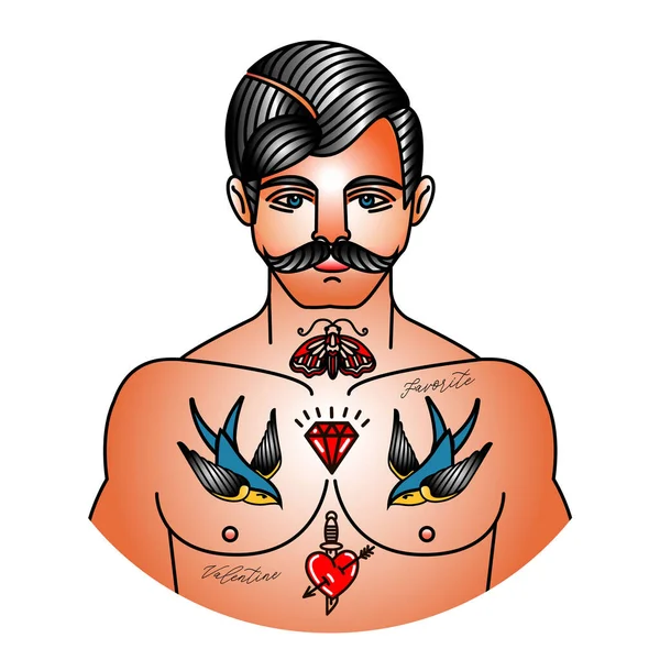 Gammaldags tatuering av en man. skiss av man med tatueringar — Stock vektor