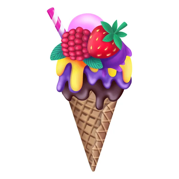 Мороженое с ягодами и клубний.Векторная иллюстрация — стоковый вектор