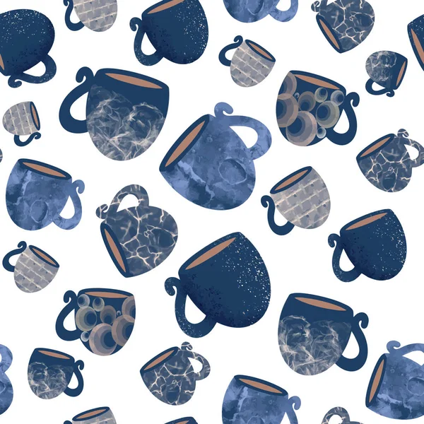 Sömlöst mönster av blå koppar. Design för kökstillbehör, handdukar — Stock vektor