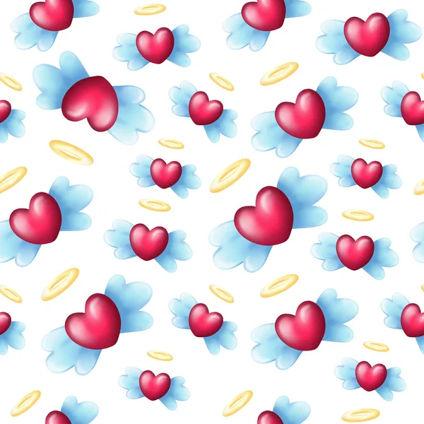 Seamless Heart Pattern with Angel wings and Halo — Stockfoto
