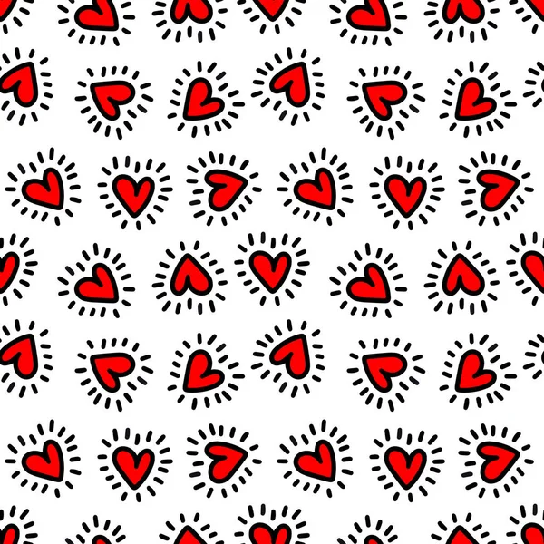 Red hearts seamless pattern. Doodle style — 图库矢量图片