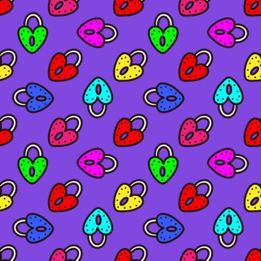 Kalp şeklinde kilidi olan kusursuz neon desenli. Vektör illüstrasyonu