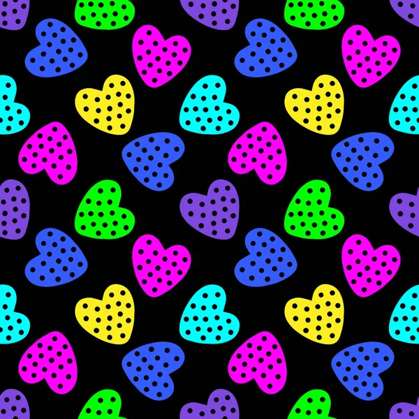 Seamless pattern with multi-colored neon hearts on a black background — Stock Vector