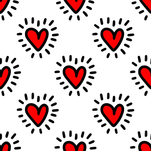 Red hearts seamless pattern. Doodle style — 图库矢量图片
