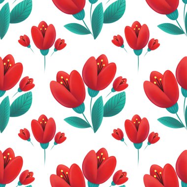 Beyaz arka planda yeşil yapraklı kırmızı lalelerin deseni