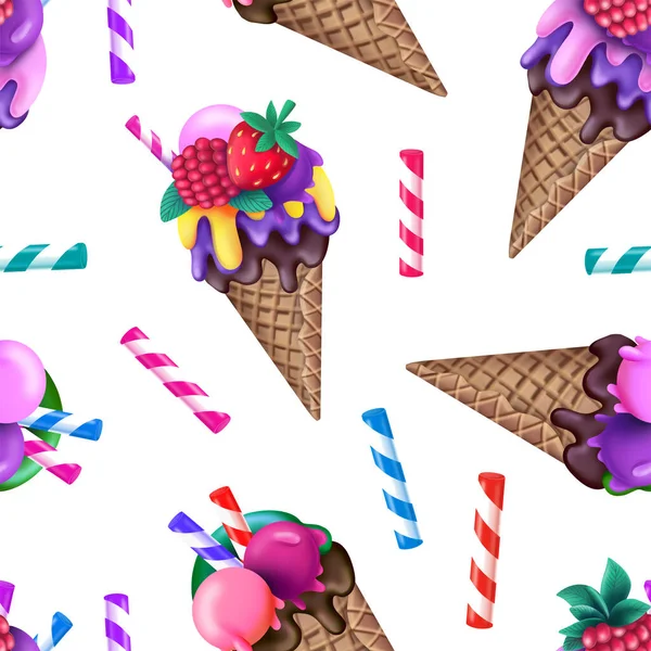 Bright seamless pattern with colorful ice cream cones and striped candy sticks — Fotografia de Stock