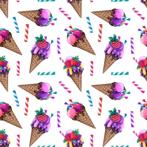 Bright seamless pattern with colorful ice cream cones and striped candy sticks — ストック写真