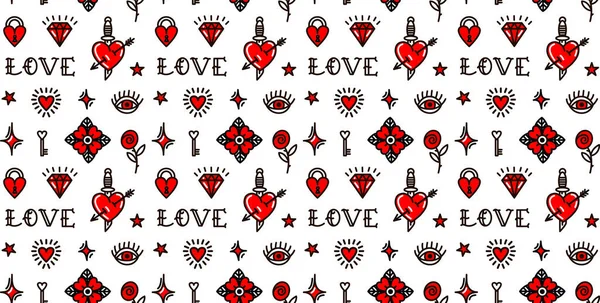 Seamless pattern with love symbols in Old school tattoo style — Stockvector