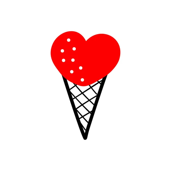 Heart-shaped ice cream cone. Vector illustration in doodle style. — Stok Vektör