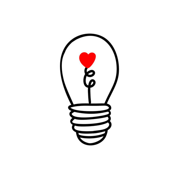  Glowing light bulb with heart .doodle style 