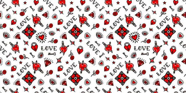 Old school tattoo naadloos patroon met liefdessymbolen. Ontwerp voor Valentijnsdag — Stockvector