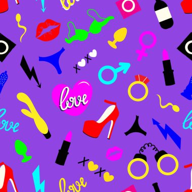 multicolored seamless pattern with Adult toys. Vector illustration. Valentines day design