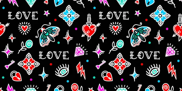 Seamless pattern with love symbols in Old school tattoo style — Stockvector