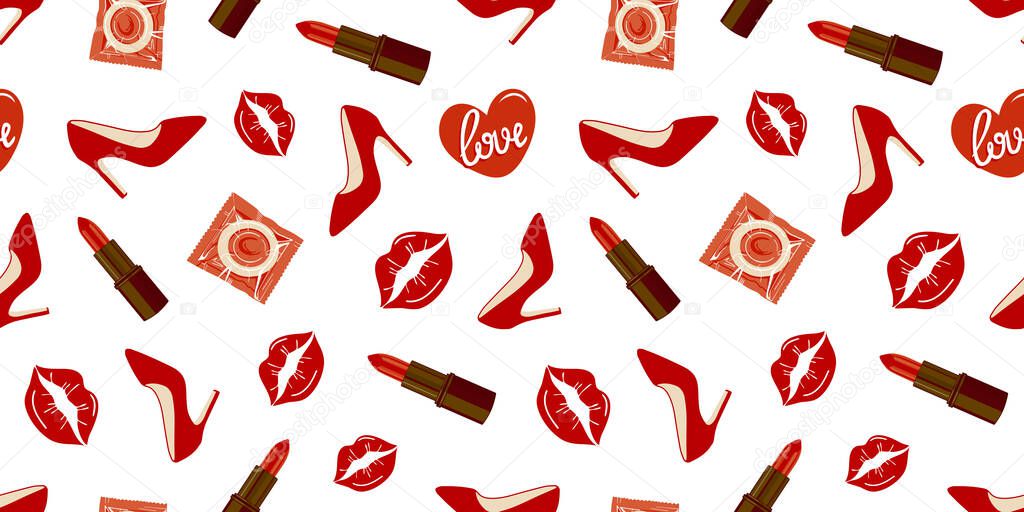 seamless pattern with womens shoes, lipstick, kisses