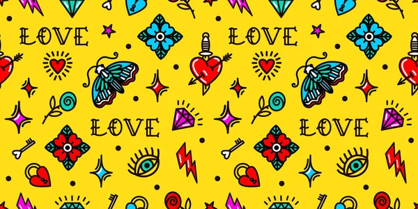 Seamless pattern with love symbols in Old school tattoo style — Stockvector