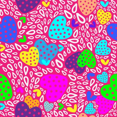 Bright abstract neon pattern with hearts, raindrops and doodles