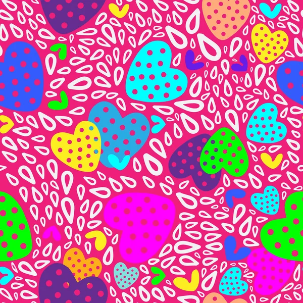 Bright abstract neon pattern with hearts, raindrops and doodles — Archivo Imágenes Vectoriales