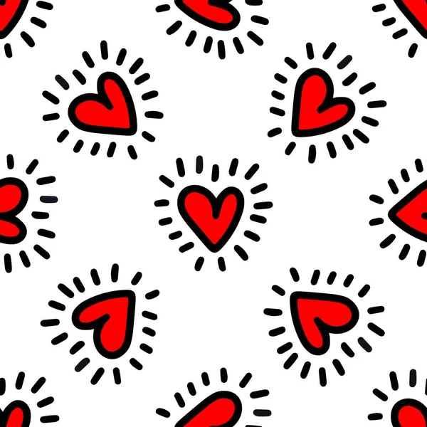 Red hearts seamless pattern. Doodle style — Stock vektor