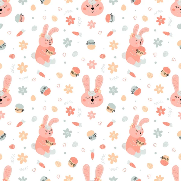 Easter pattern with rabbits, cakes, eggs, willow — Stock Photo, Image