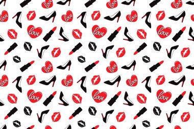 Kadın ayakkabılarıyla, rujuyla, öpücükleriyle kusursuz desen.