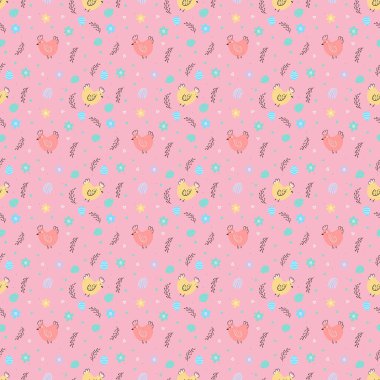 Paskalya desenli. Tavuk, paskalya yumurtası, söğüt ağacı.