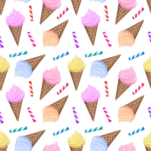 アイスクリームコーンとストライプキャンディースティックとシームレスなパターン — ストック写真