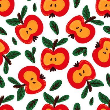 Mavi arka planda kesilmiş kırmızı elmalarla pürüzsüz desen