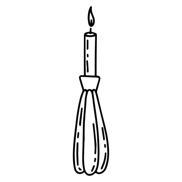 Burning candle in candlestick.Hand-drawn vector illustration in doodle style — Stock Vector