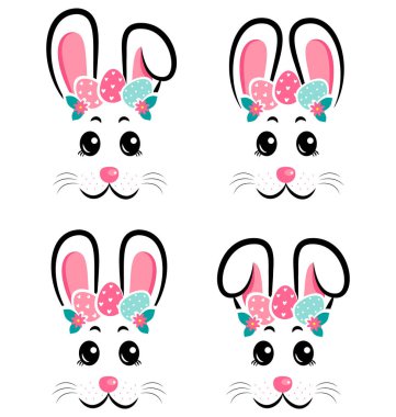 Beyaz izole edilmiş arka planda gri ve pembe kulaklı çizgi film tavşan maskeleri koleksiyonu.