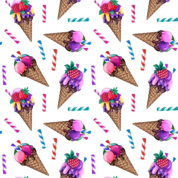 アイスクリームとストライプキャンディースティックとカラフルなシームレスパターン — ストック写真