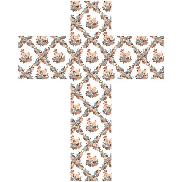 Croix de Pâques décorée avec poulets, œufs et fleurs — Image vectorielle