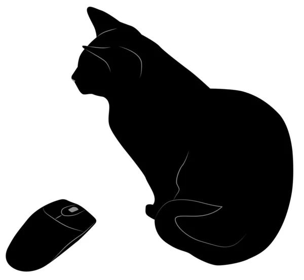 Gato negro y ratón — Vector de stock