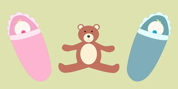 Deux bébés et un ours en peluche — Image vectorielle