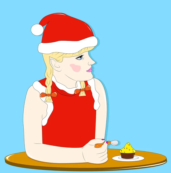 Girl - elf eats cake — Stock Vector