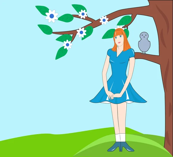 Muchacha modesta en un vestido azul — Vector de stock