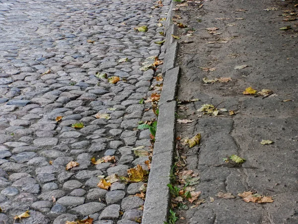 Old Sidewalk Cobblestone Pavement Covered Autumn Leaves — Stock Photo, Image