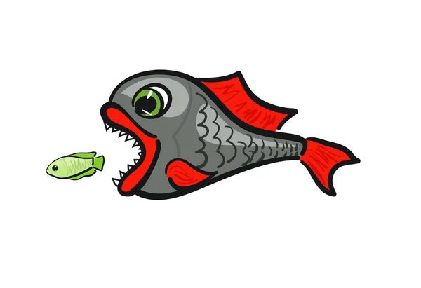 Peces Dentífricos Depredadores Quiere Comer Pez Pequeño Dibujos Animados Vector — Vector de stock