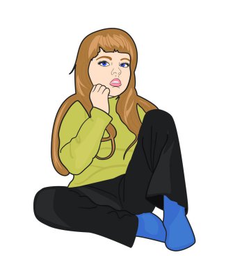 Büyük mavi gözlü korkmuş küçük kız. Çizgi film vektör illüstrasyonu