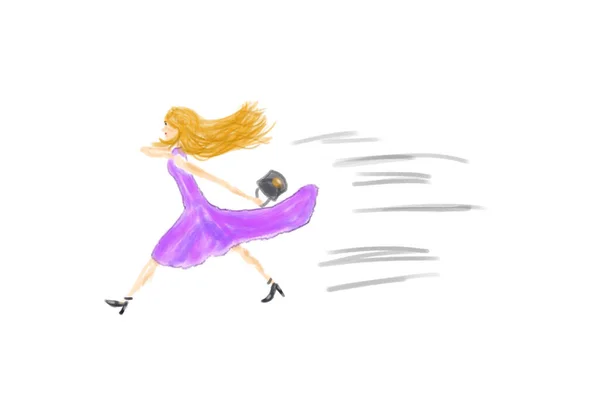 Vrouw Die Laat Komt Loopt Heel Snel Handgetekende Illustratie — Stockfoto