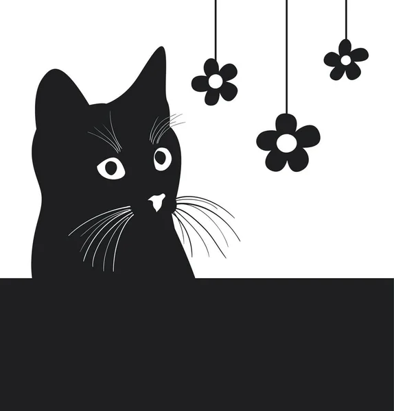 Black Cat Watching Flowers Simple Vector Illustration — Stock Vector