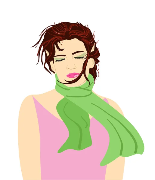 Portrait Dreamy Elf Girl Green Scarf Pink Dress Vector Illustration — Stock Vector