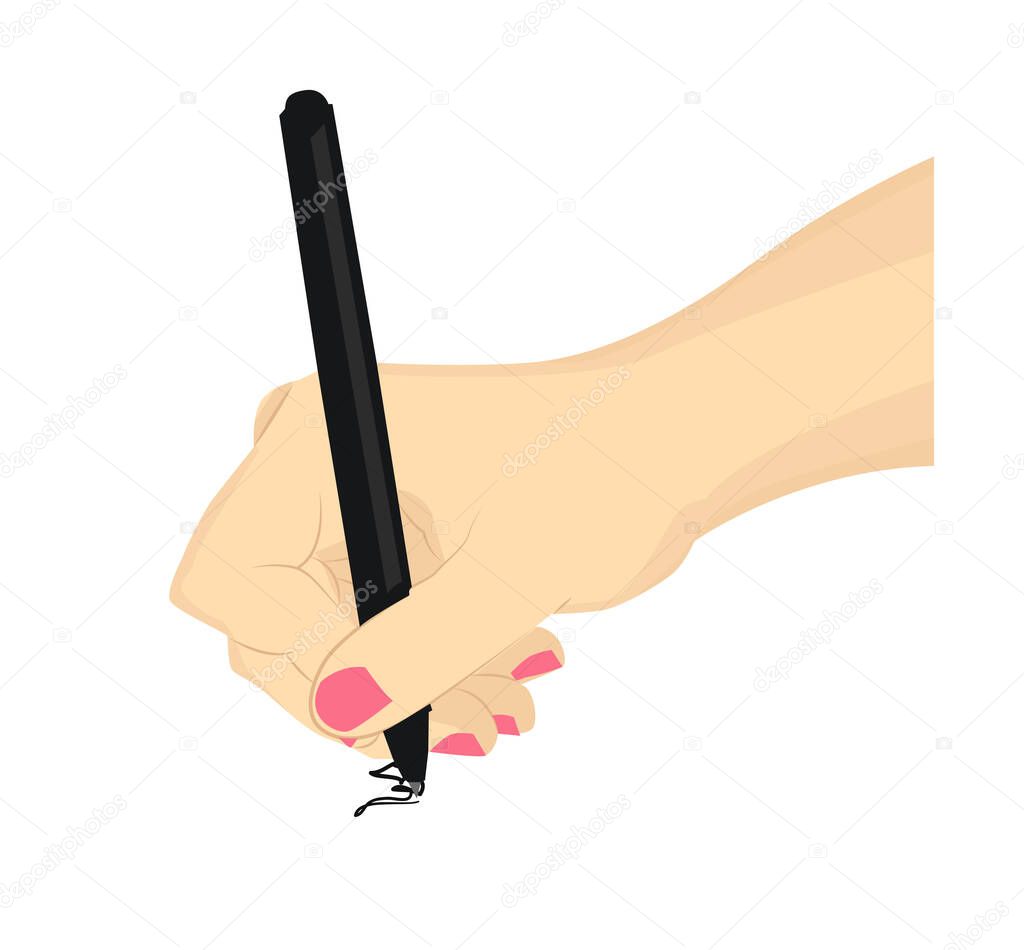 Female hand with a pen puts a signature. Vector illustration