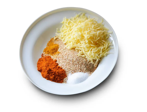Ingredients Breading Frying Chicken Spices Breadcrumbs Salt Pepper Cheese — стоковое фото