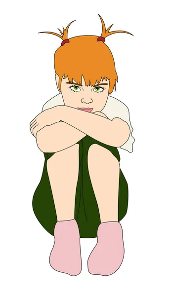 Little Red Haired Girl Sits Hugging Her Knees Vector Illustration — 스톡 벡터