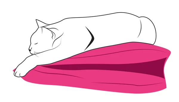 白い猫はピンクの枕の上で寝ている ベクターイラスト — ストックベクタ
