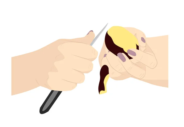 Χέρια Μιας Γυναίκας Ξεφλουδίζουν Μια Πατάτα Εικονογράφηση Διανύσματος — Διανυσματικό Αρχείο